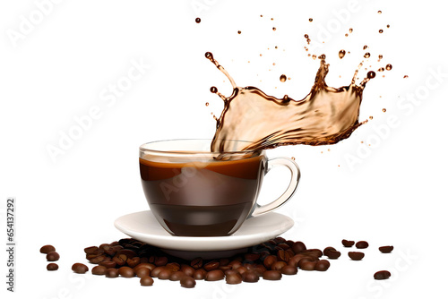 Flying Cup Of Coffee With Splash And Coffee Beans Isolated In a Transparent Background, Generative AI