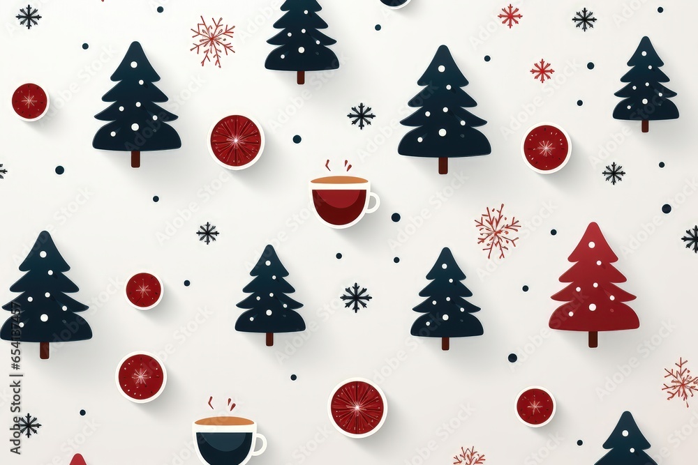 An abstract festive background image for Christmas, showcasing iconic Christmas trees, steaming hot teas, and snowflakes against a white background, creating a cozy scene. Illustration