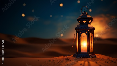 Lantern bright light in the sand desert at the night, Ramadan Kareem backgrounds. 