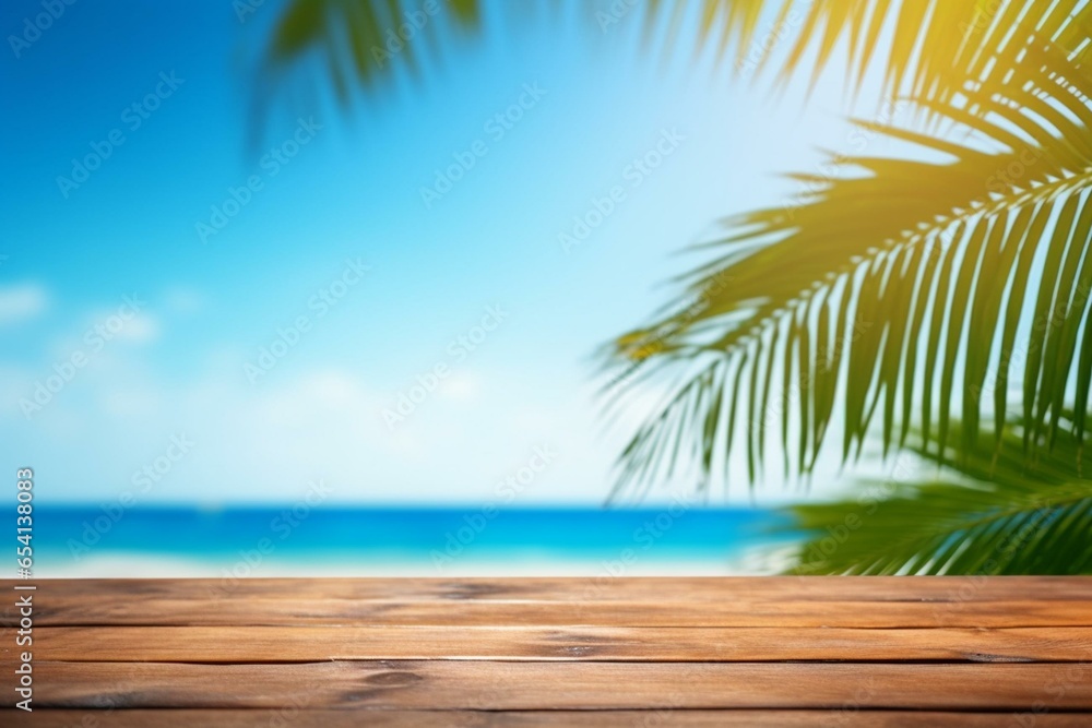 Wooden table, blue sky, summer sea, palm leaf, blurred bokeh background. Generative AI