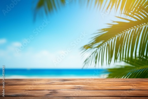 Wooden table  blue sky  summer sea  palm leaf  blurred bokeh background. Generative AI