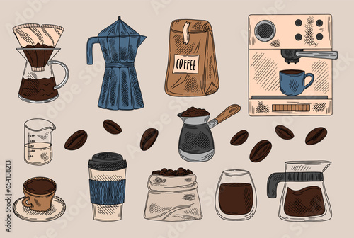 Set for coffee. Isolated coffee elements. French press, coffee machine, mug, cup, milk pitcher, kettle. Vector illustration