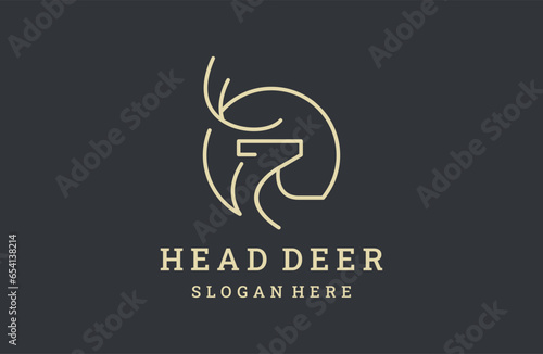Head Deer logo line icons. Wild reindeer outdoor brand label.