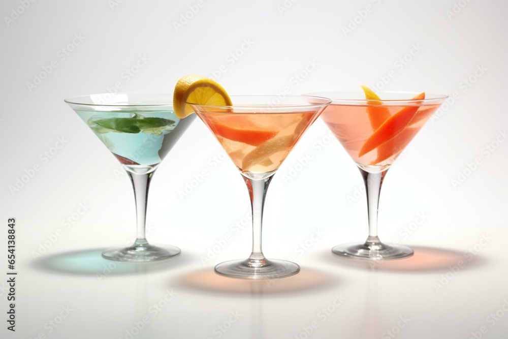 Three drinks in martini glass on white background. Cocktail list for bar, lounge, restaurant menu. Generative AI