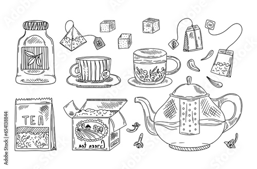 Tea time set with dishes. Leaves, flowers, spices for tea. Hand-drawn vector set in sketch style.