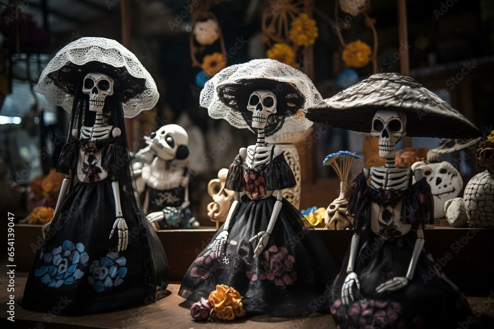 Decorative skeletal figurines representing La Catrina for the Mexican ...