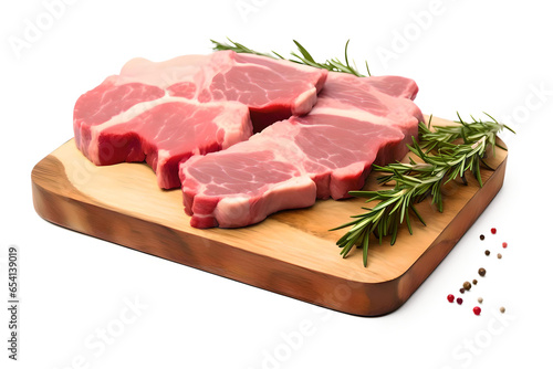 Raw Meat Slices Topped With Herbs On a Wooden Board Isolated On a Transparent Background, Generative AI
