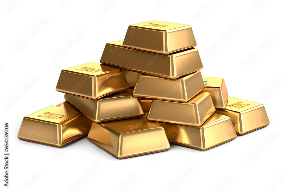 Set Of Gold Bars, Piles Of Gold Lingots Isolated On Transparent Background, Generative AI