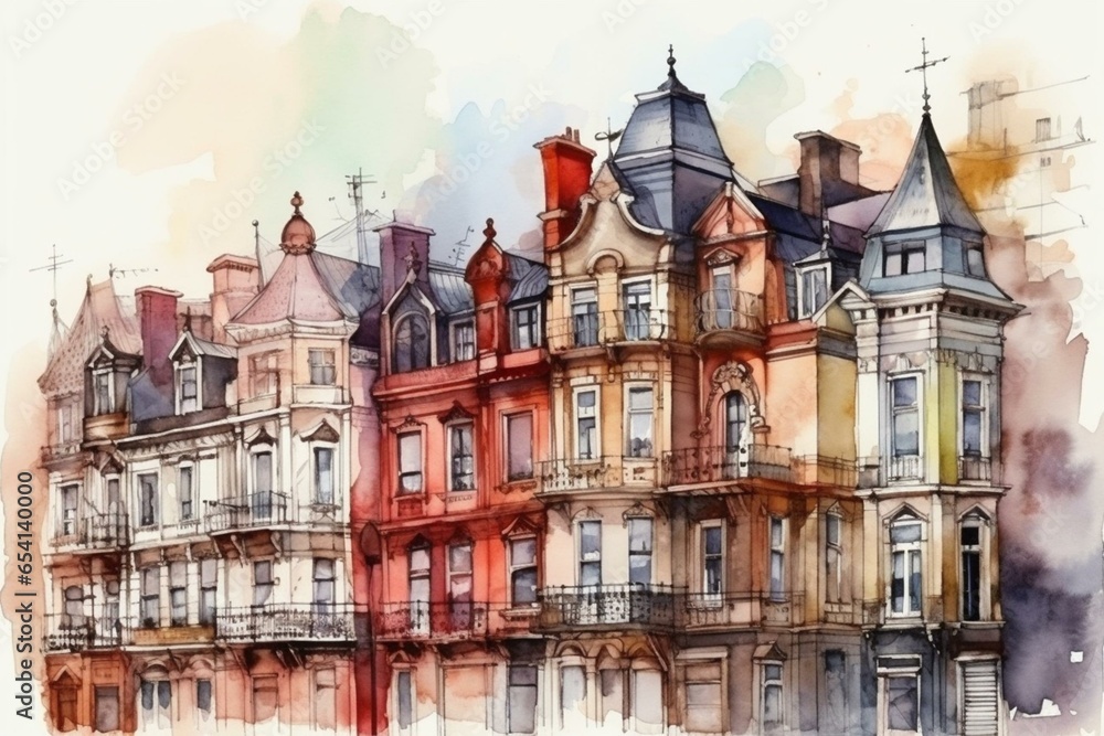 Watercolor illustration of urban architecture. Generative AI