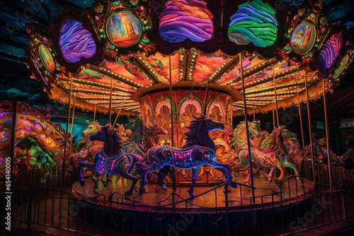 Within a swirling vortex of colors, a spectral carousel spins endlessly, its fantastical creatures beckoning riders on a journey through realms of ever-changing dreams.