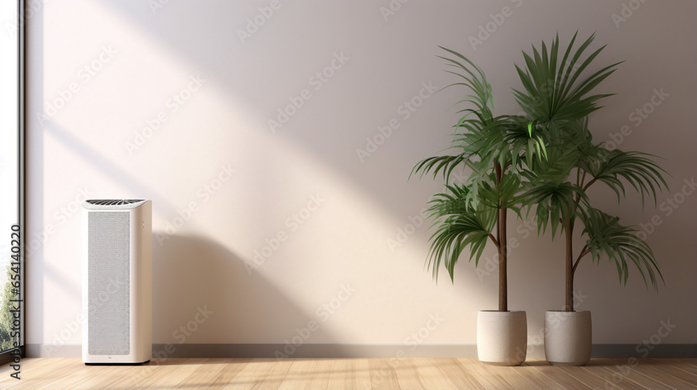 Modern Air Purifier in Stylish Bedroom with Tropical Vibes Modern Air Purifier in Stylish Bedroom with Tropical Vibes