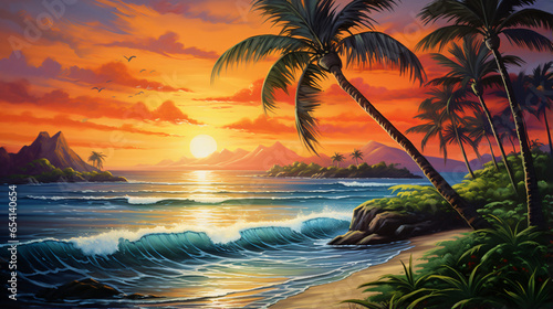 A painting of a tropical sunset with palm trees