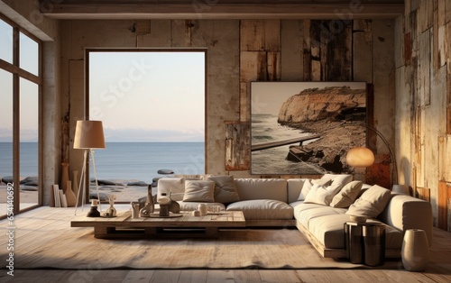 Wabi sabi living room with sea view through the window. Generative AI