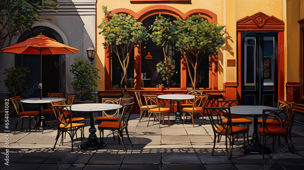 A painting of a restaurant with tables