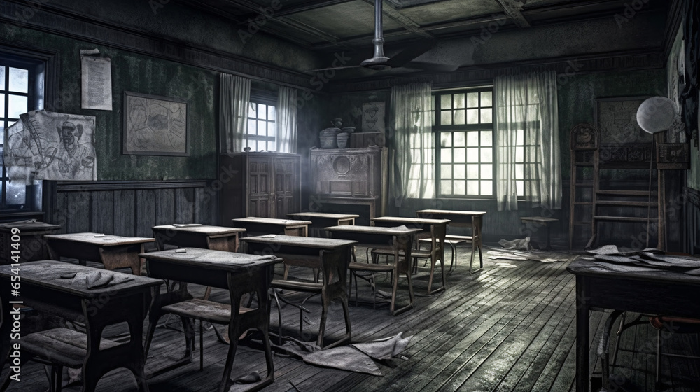 Explore the eerie remnants of ruined classrooms in an abandoned school