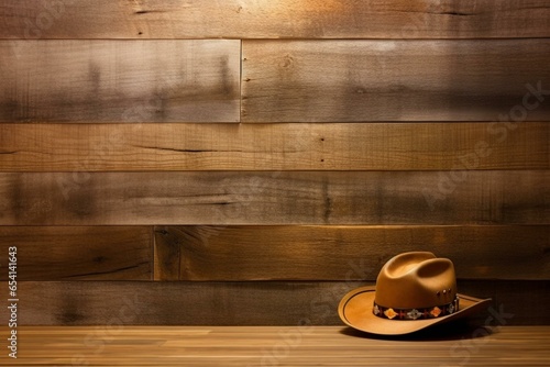 Western hat on timber table against wooden wall background. Generative AI