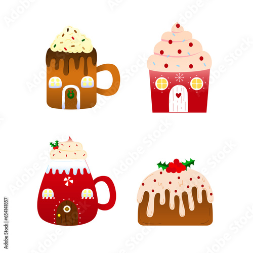 set of Christmas elements, mug, house, bread. cute element vector and illustration.