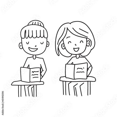 Cute school childrens sitting on the table. Simple doodle coloring page design element. Eduication vector design.