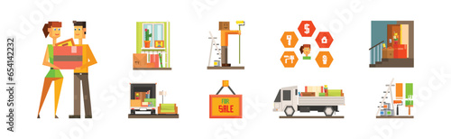 Moving and Changing Apartment Flat Icon and Furniture Item Vector Set