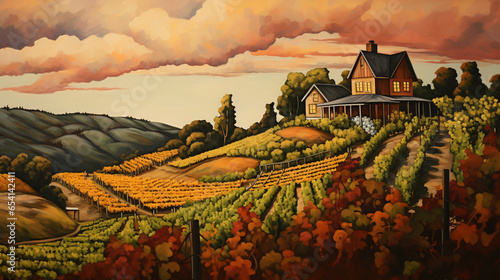 A painting of a vineyard with a house