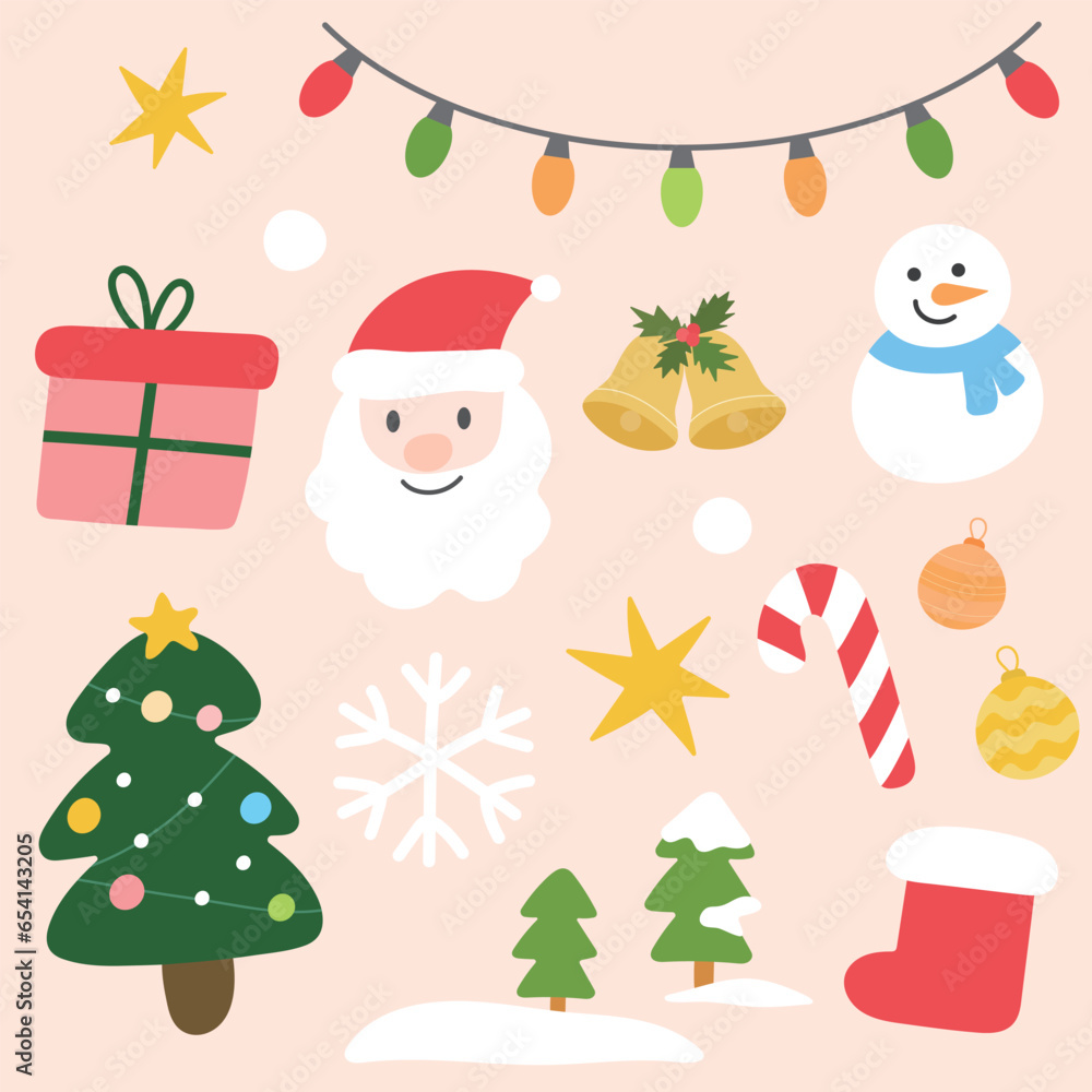 Collection vector illustration of Christmas and New Year decoration elements with Santa Claus, Christmas tree, stars, candy cane, gift, snowflake, snowman, bells.