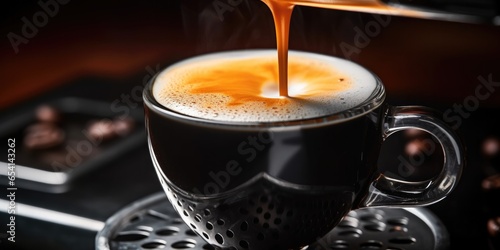 close up of espresso with foam in a steel cup  generative AI
