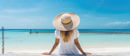 serene beach moment with woman in straw hat, tropical holiday feel
