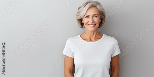 Beautiful mature woman in her sixties with light grey background, smiling senior lady in a white t-shirt, studio shot with copy space