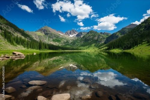 Scenic summer view of the Colorado wilderness with lake, mountains, reflection, and glacier. Generative AI