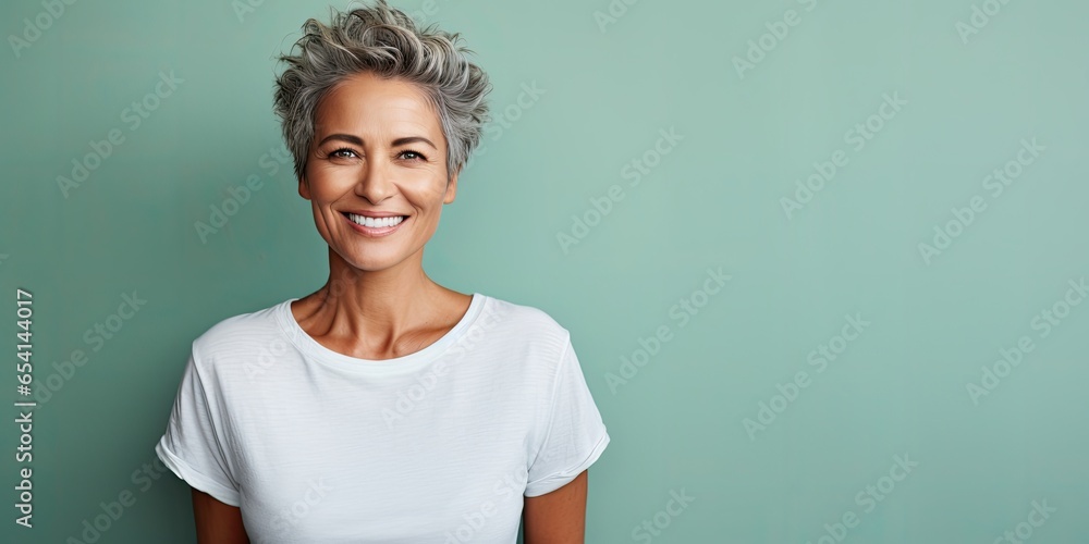 Beautiful mature woman in her fifties with turquoise background, smiling senior lady in a white t-shirt, studio shot with copy space - obrazy, fototapety, plakaty 