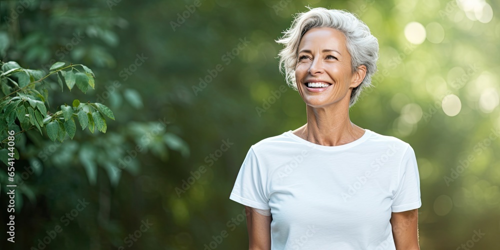 Beautiful mature woman in her fifties with green garden background, smiling senior lady in a white t-shirt, outdoor portrait with copy space - obrazy, fototapety, plakaty 