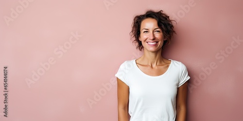 Beautiful mature woman in her fifties with pink background, smiling senior lady in a white t-shirt, studio shot with copy space