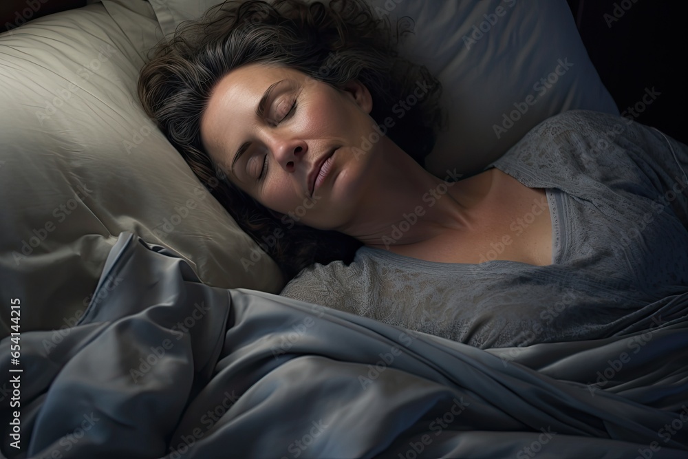 Woman sleeping at home in bed, mature lady relax Woman sleeping at home in bed, mature lady relax