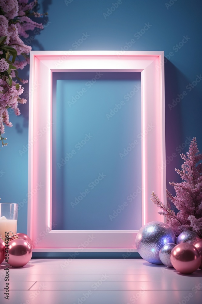 Empty Frame with White Borders, Pink Light, Decoration on Blue Wall, using Generative Ai Empty Frame with White Borders, Pink Light, Decoration on Blue Wall, using Generative Ai