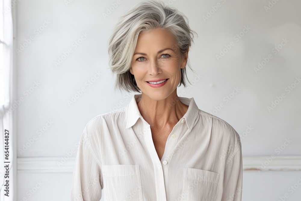 Senior woman portrait, mature grey haired beautiful smiling lady with light background, studio shooting Senior woman portrait, mature grey haired beautiful smiling lady with light background, studio shooting