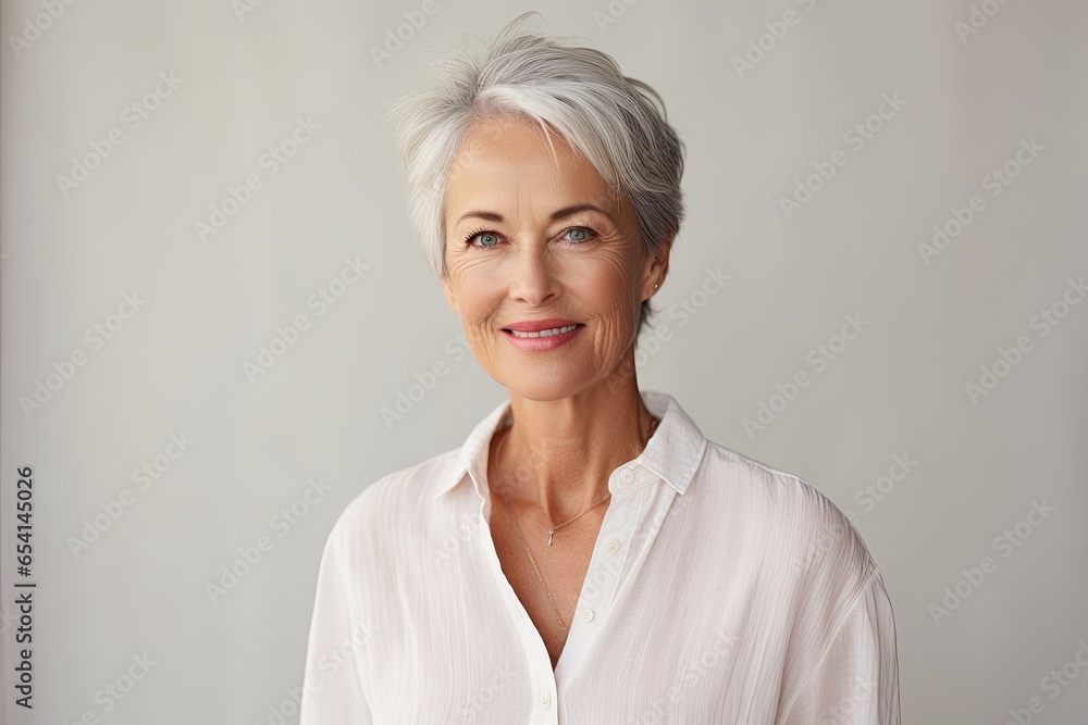 Senior woman portrait, mature grey haired beautiful smiling lady with light background, studio shooting - obrazy, fototapety, plakaty 