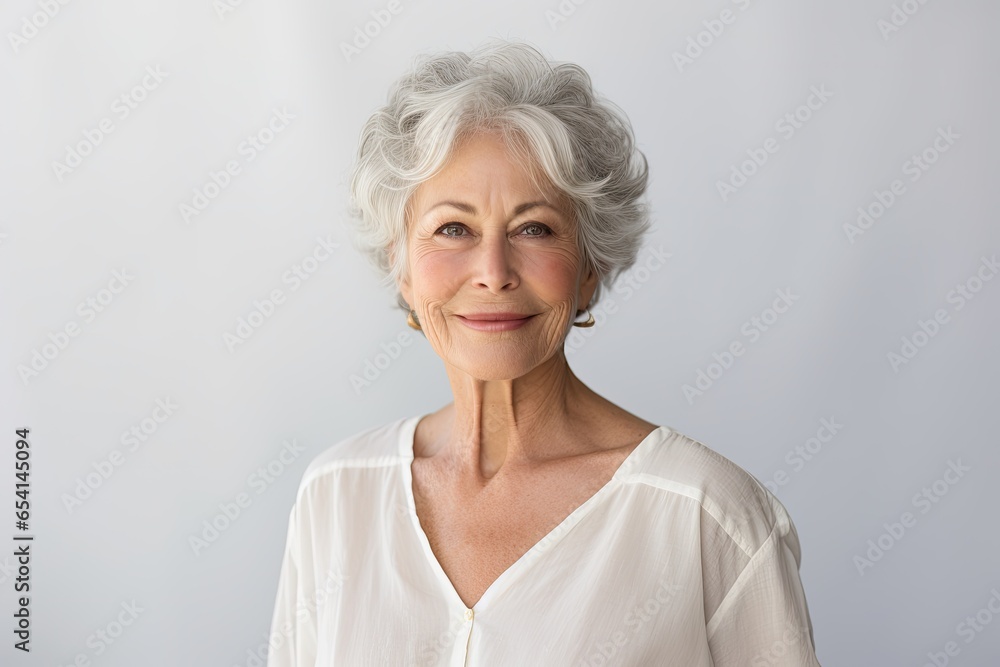Senior woman portrait, mature grey haired beautiful smiling lady with light background, studio shooting