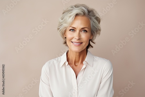 Senior woman portrait, mature grey haired beautiful smiling lady with light background photo