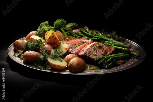 A meal with beef, spuds, and green veggies presented on a surface. Generative AI
