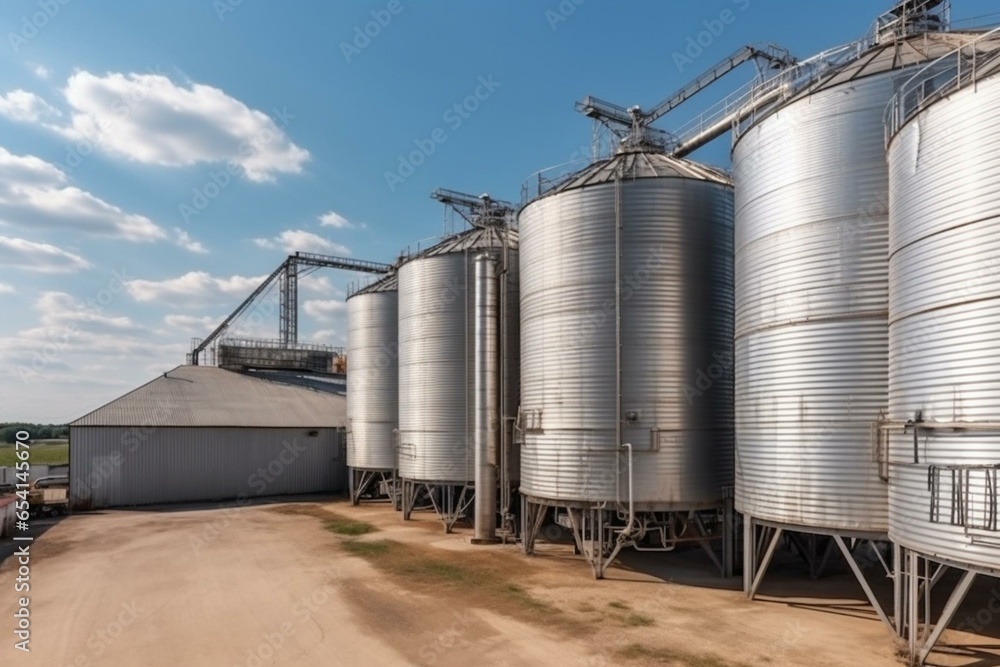 Panoramic view of agricultural silos at a processing plant for agro-processing. Generative AI - obrazy, fototapety, plakaty 