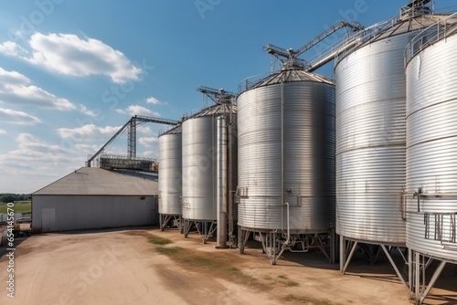 Panoramic view of agricultural silos at a processing plant for agro-processing. Generative AI