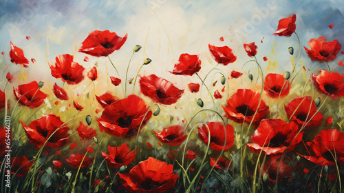  A painting of red poppies in a field of grass.