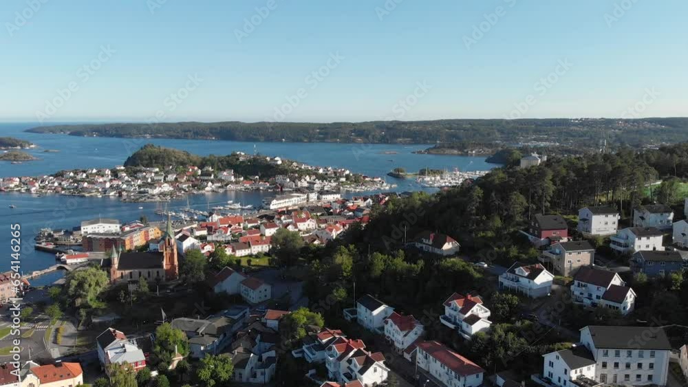 Panorama Of Islands And Fjord From Coastal Town Of Kragero In Telemark, Norway. aerial pan right Panorama Of Islands And Fjord From Coastal Town Of Kragero In Telemark, Norway. aerial pan right