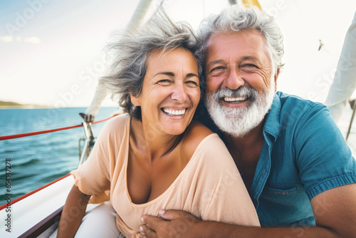 An elderly couple sits in a boat or yacht against the backdrop of the sea. Happy and smiling. They look at the waves and hug. Sea voyage, vacation. Love and romance of older people.