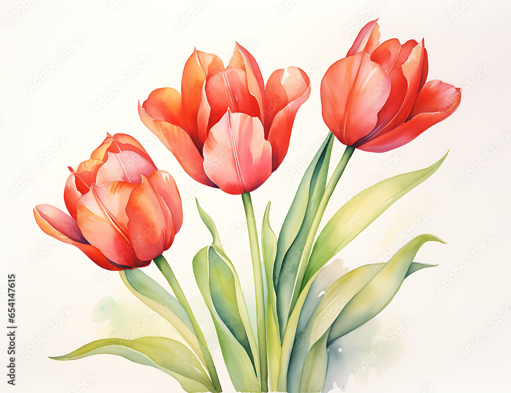 Watercolor Wonderful Tulips (Lily family, Liliaceae) isolated on white background Watercolor Wonderful Tulips (Lily family, Liliaceae) isolated on white background