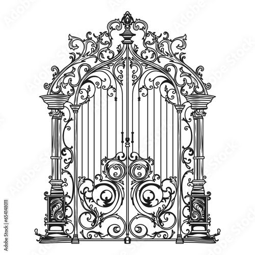 ANTIQUE METAL GATE. Black on white sketch of wrought iron bi-fold garden doors. Church gate with scrolls and leaves.
