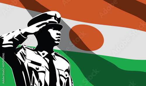 Silhouette of soldier with Niger flag on background.