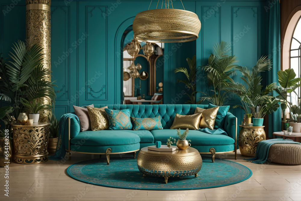 Luxury Living Room, Teal and Gold Boho Interior Design, turquoise sofa with round table and accessories, using Generative Ai
