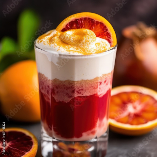 A close-up of a glass of blood orange juice 
