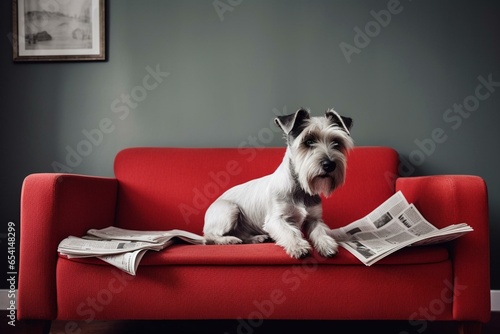 Terrier dog reading newspaper on a red couch in living room isolated on wall. Generative AI